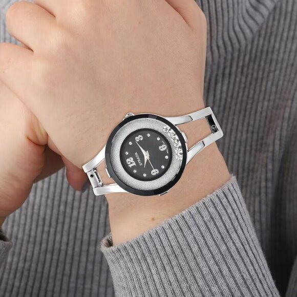 Black Dial Bangle Watch in Silvertone with Austrian Crystals - Picture 2 of 3